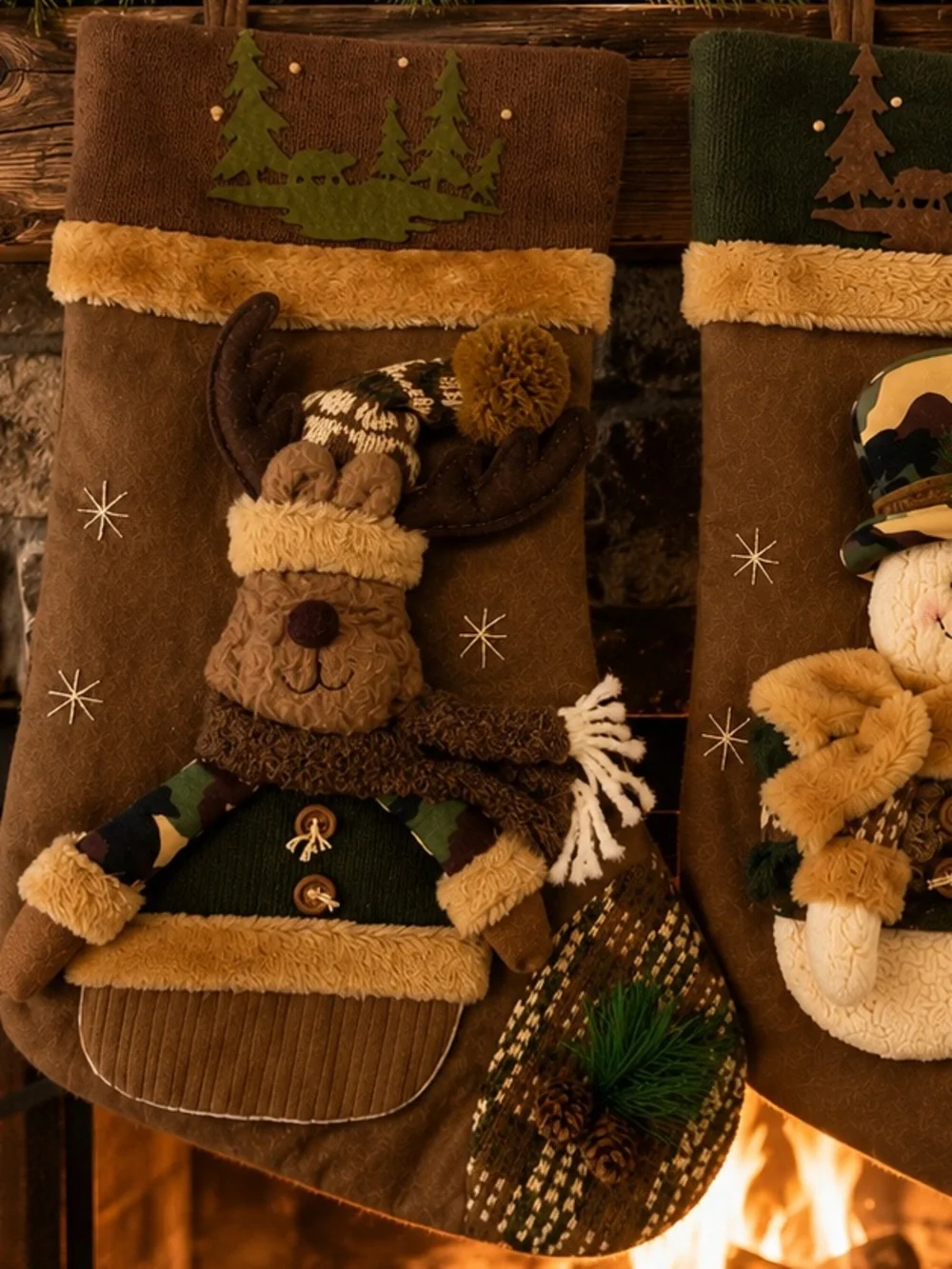 Handmade Rustic Artisan Christmas Stocking Set 2 Woodland Moose & Snowman Luxury